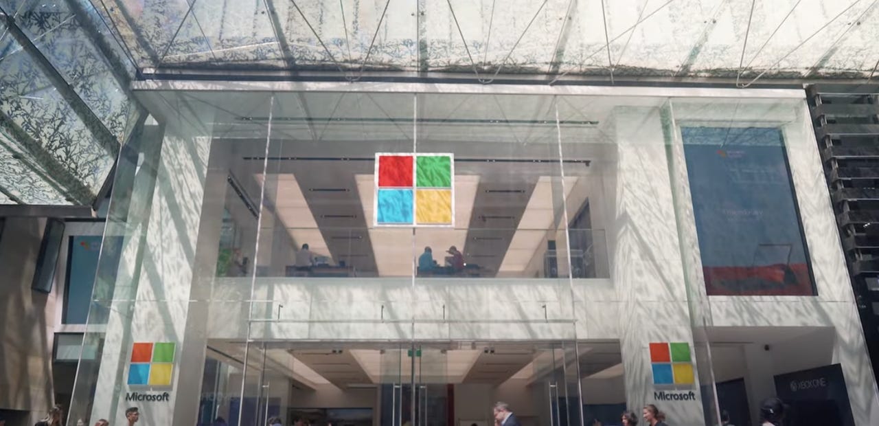 Building facade with Microsoft logos.