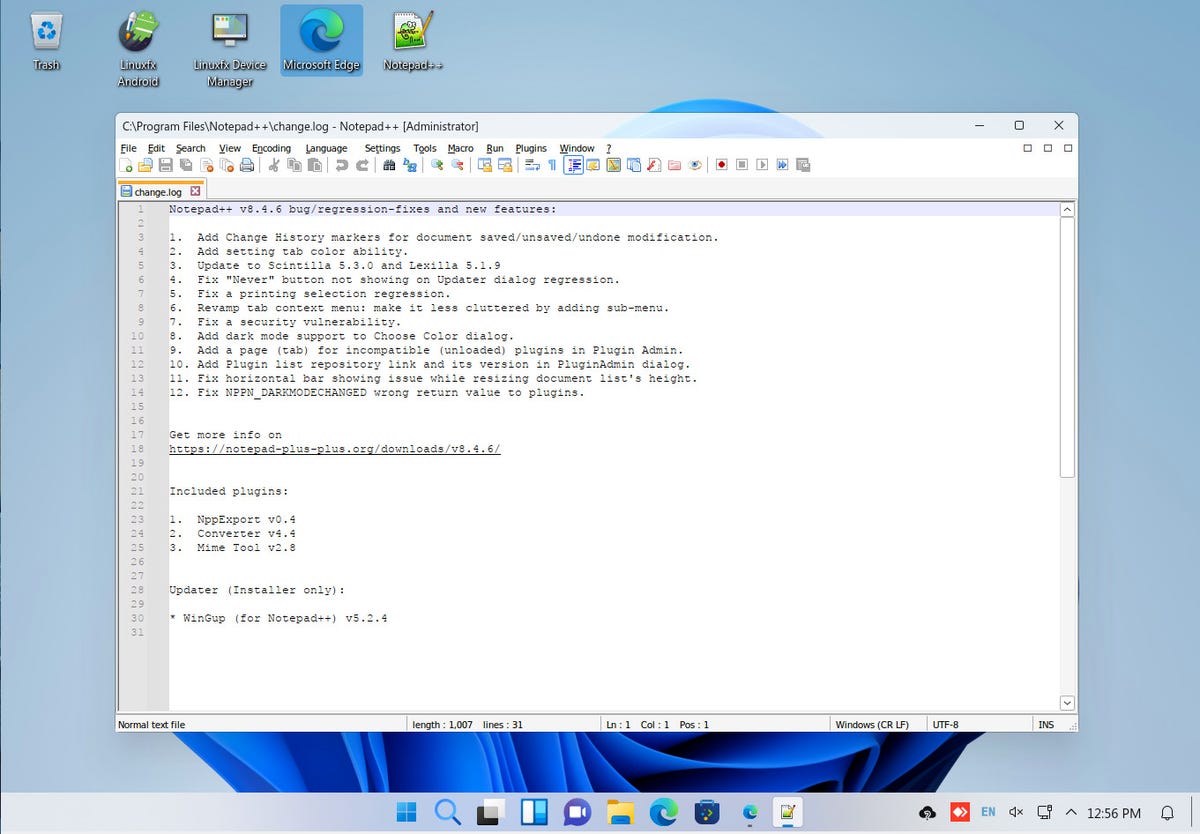 Notepadd++ runs on WindowsFX.