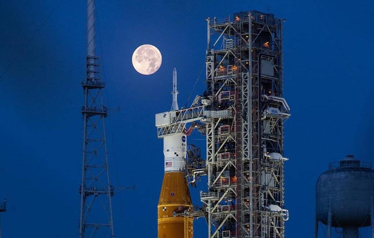 Full moon at Kennedy Space Center showing launch