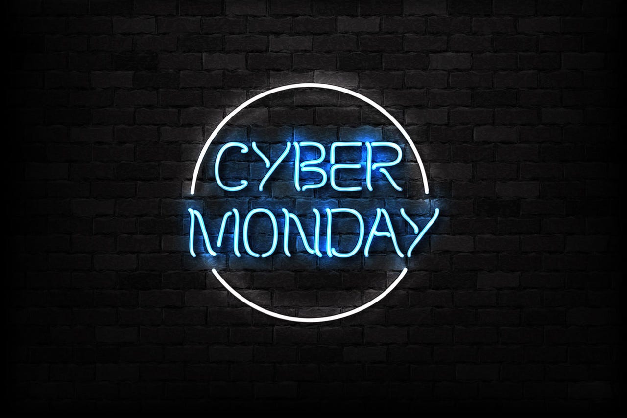 Vector realistic isolated neon sign of Cyber Monday symbol for decoration and covering on the wall background. Concept of electronics market, sale and discount.