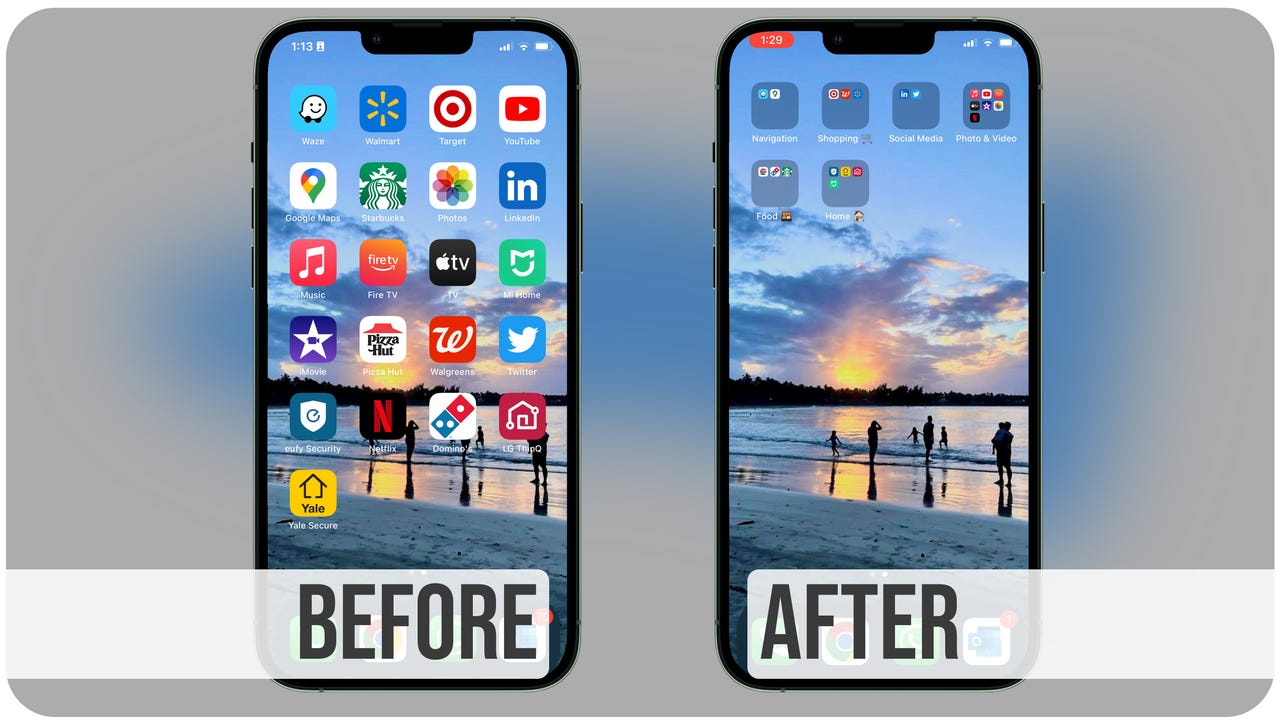 iPhone home screen with and without folders